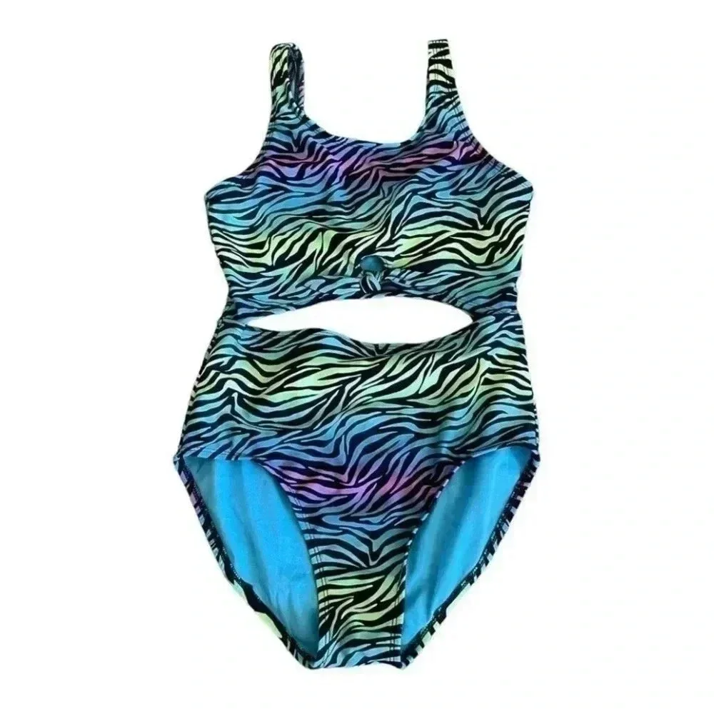 Art Class Zebra Multicolor One-Piece Girls Swimming Suit SZ L (10/12) # 1315